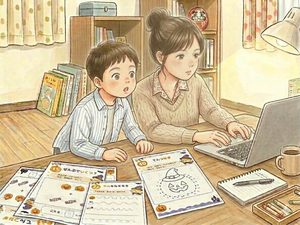 制作中の母のパソコンを興味ありげに見る子ども