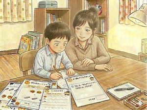 プリントに取り組む子どもを見守る母